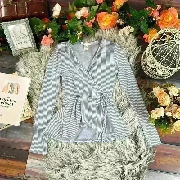 Caution To The Wind Long Sleeve Blue Stripe Wrap Top W/ Tie Waist, - Picture 3 of 8